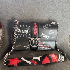 Pinko Black Crossbody Bag with Red and White Accents new